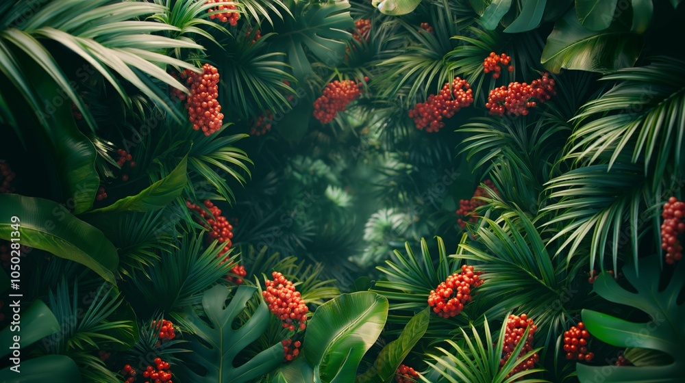 jungle palm bushes surrounded by jungle fruit flower bushes in a circle top down view. jungle palm bushes surrounded by jungle fruit flower bushes in a circle top down view.