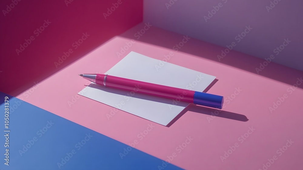 Fototapeta premium A high-angle view of one pen and a sticky note, positioned perfectly on a minimalist desk, plain background, 4K resolution