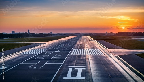 aerial view on empty airport runaway with markings for landings and all navigation lights ils cat ii on at the colorful sunset clear for airplane landing or taking off in wroclaw airport photo