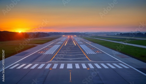 aerial view on empty airport runaway with markings for landings and all navigation lights ils cat ii on at the colorful sunset clear for airplane landing or taking off in wroclaw airport photo