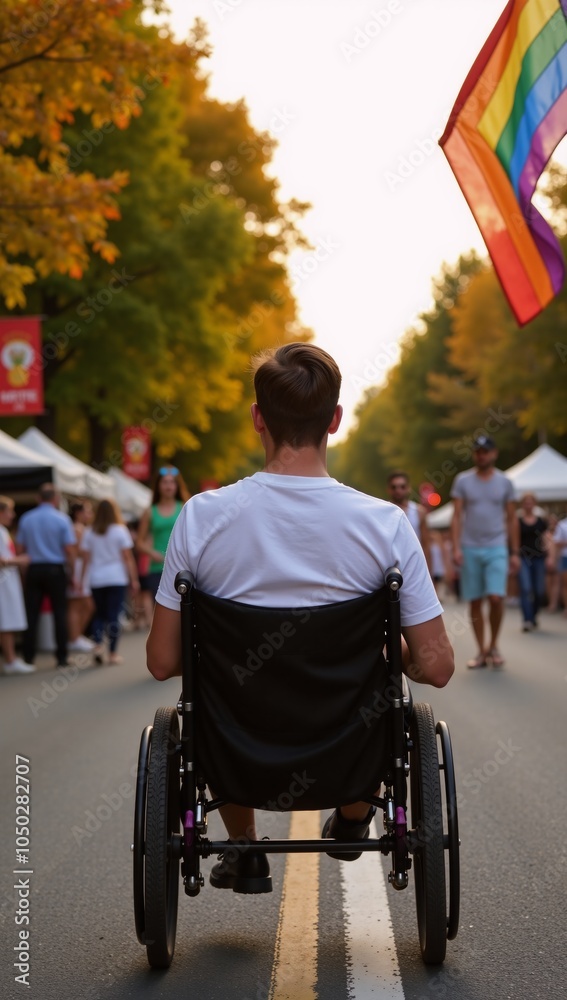 Obraz premium Disabled gay individual in wheelchair celebrating Pride Month at a colorful summer festival surrounded by autumn leaves and golden sunlight while waving the Rainbow Flag