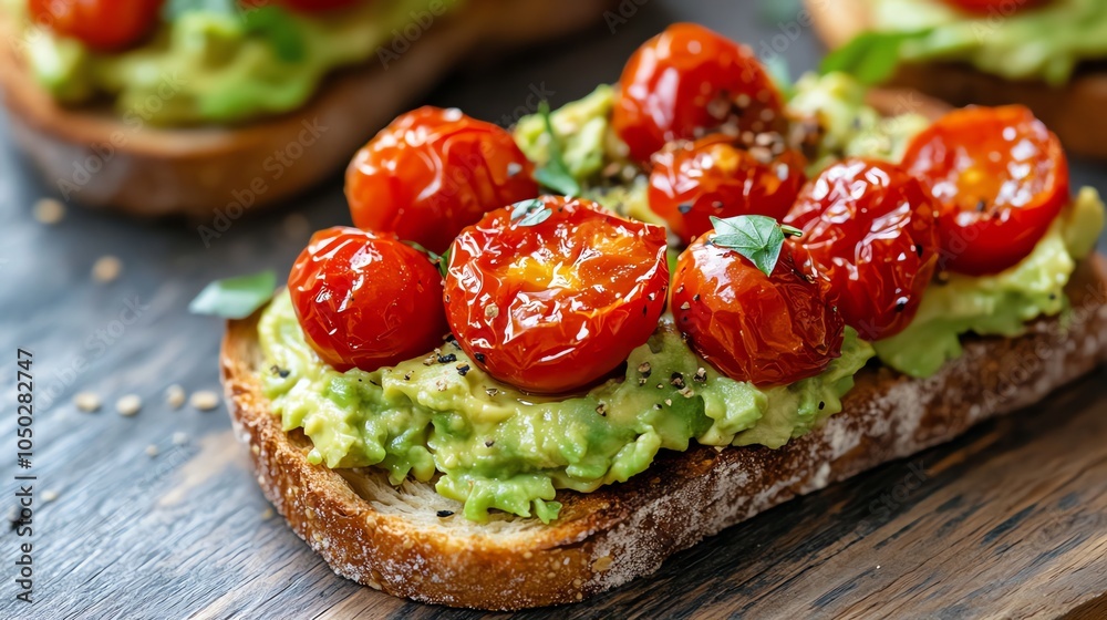 A slice of avocado toast topped with roasted cherry tomatoes. A slice of avocado toast topped with roasted cherry tomatoes.