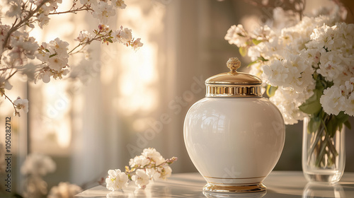 White Urn with Flowers on Bright Table, Peaceful Indoor Memorial