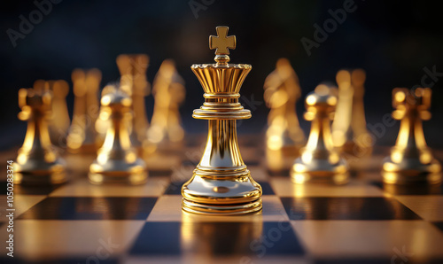 golden chess king stands tall on chessboard surrounded by other golden chess pieces, ready to make strategic move