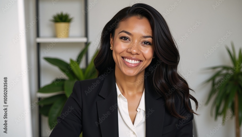 A joyful African-American woman smiles brightly in a chair within a positive work environment setting A joyful African-American woman smiles brightly in a chair within a positive work environment setting
