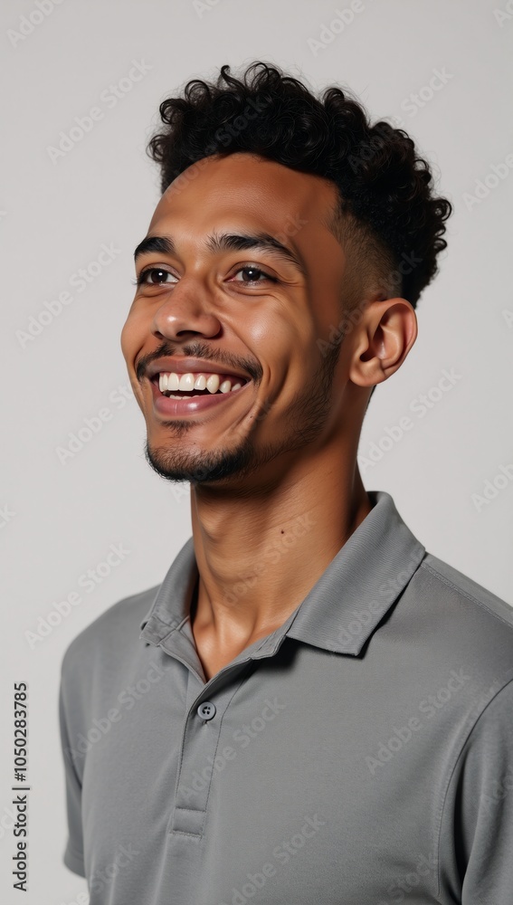 Obraz premium Portrait depicts an attractive dreamy gay man with curls smiling capturing modern lifes diverse concepts