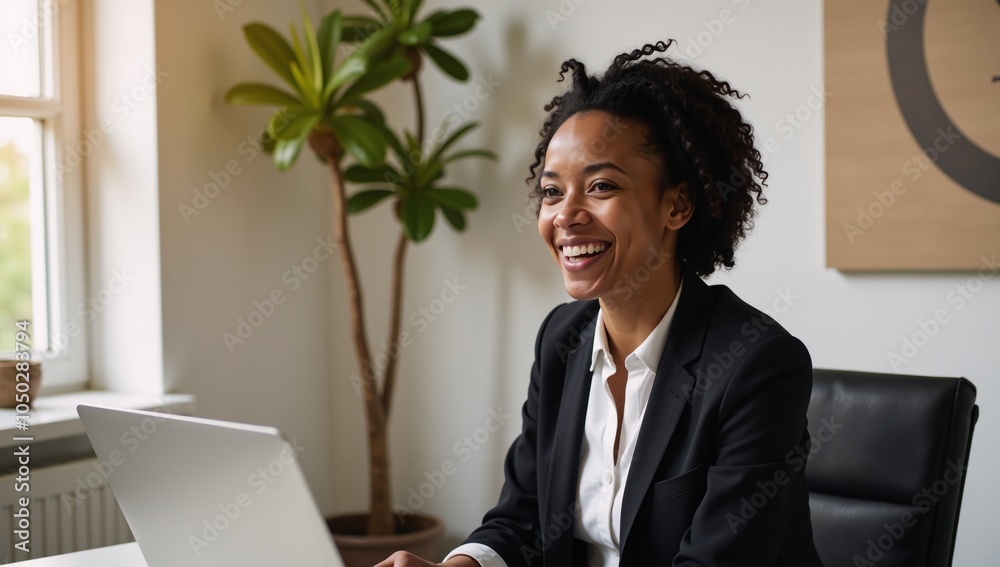 Relaxed African-American woman during a virtual meeting seated next to a window bathed in soft natural light Relaxed African-American woman during a virtual meeting seated next to a window bathed in soft natural light