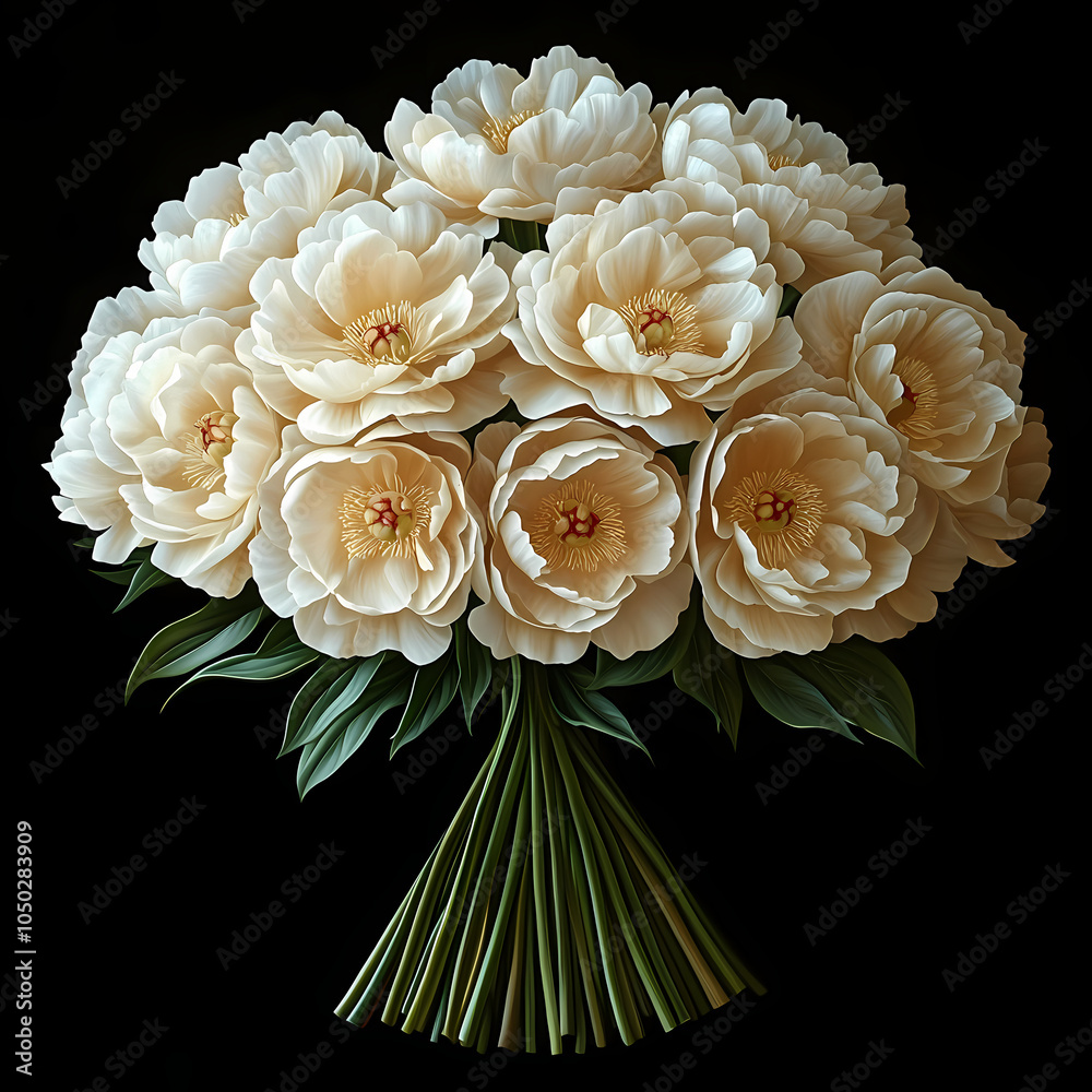 A lush display of peony flowers with large, full blooms in soft shades of pink, white, and blush. The delicate petals form layers of rich texture.
