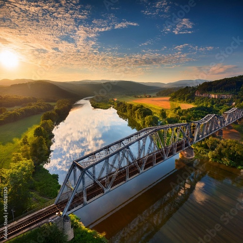 historic steel underspanned suspension railway bridge over bobr river in pilchowice lower silesia poland bird view on bridge shinny sun reflected in the river and beatiful clouds and hills photo