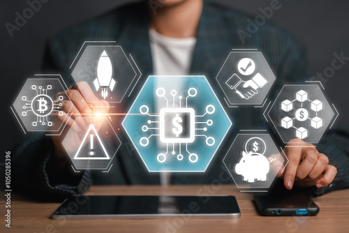 Visual representation of Initial Coin Offering with digital currency and blockchain symbols, highlighting modern financial technology. photo