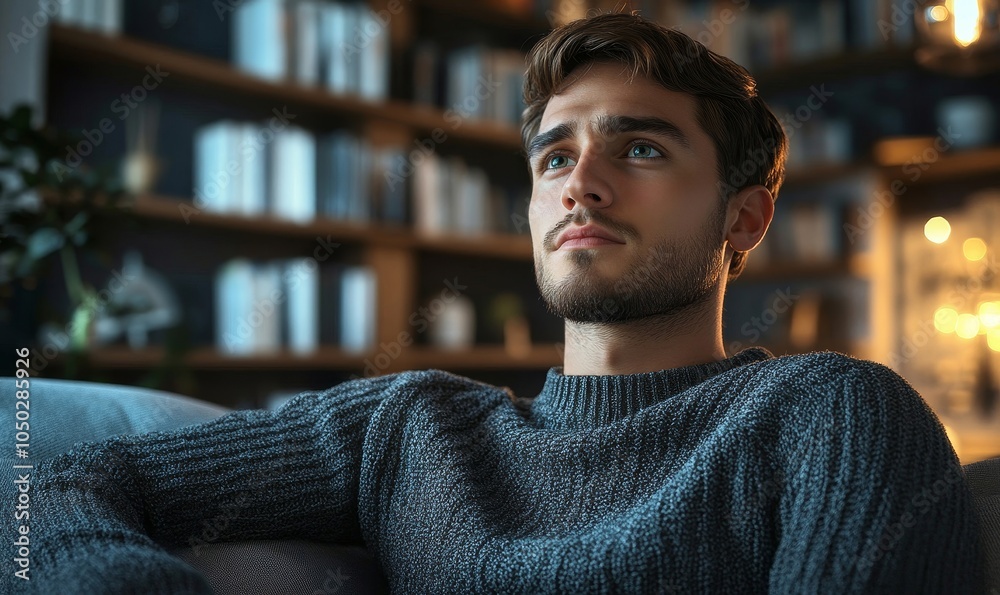 3D Illustration of Thoughtful Young Adult Man in Dark Sweater with Questioning Expression in Modern Home Setting, Generative AI 3D Illustration of Thoughtful Young Adult Man in Dark Sweater with Questioning Expression in Modern Home Setting, Generative AI