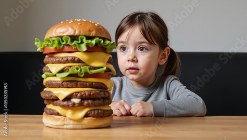 Child looking curiously at an obese burger on a table photo