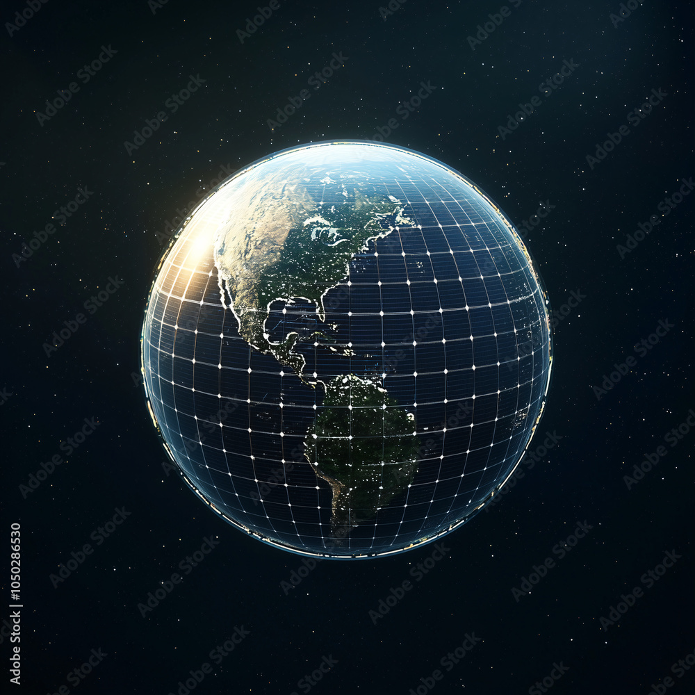 Naklejka premium Earth is depicted in stunning view, showcasing its continents and oceans, surrounded by grid pattern that symbolizes protection and sustainability