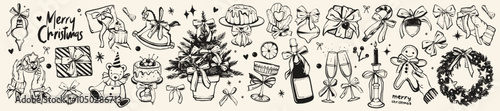 Merry Christmas doodle set, vector winter holiday beverage, December celebration table cake, ribbon. New Year vintage decoration toy, pine tree, coquettish hand drawn crayon design. Christmas doodle