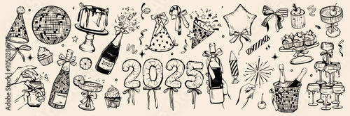 New Year party doodle set, vector hand drawn celebration holiday night icon, disco ball club sign. 2025 festive carnival illustration, alcoholic cocktail glasses, paper popper firework. Party doodle