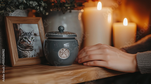 Woman's Hands Touch Cat Urn Standing on Shelf next to Picture of Cat and Two Candles, Personal Memorial for Pets