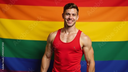 Strong musclebound gay fitness enthusiast poses happily against rainbow backdrop photo