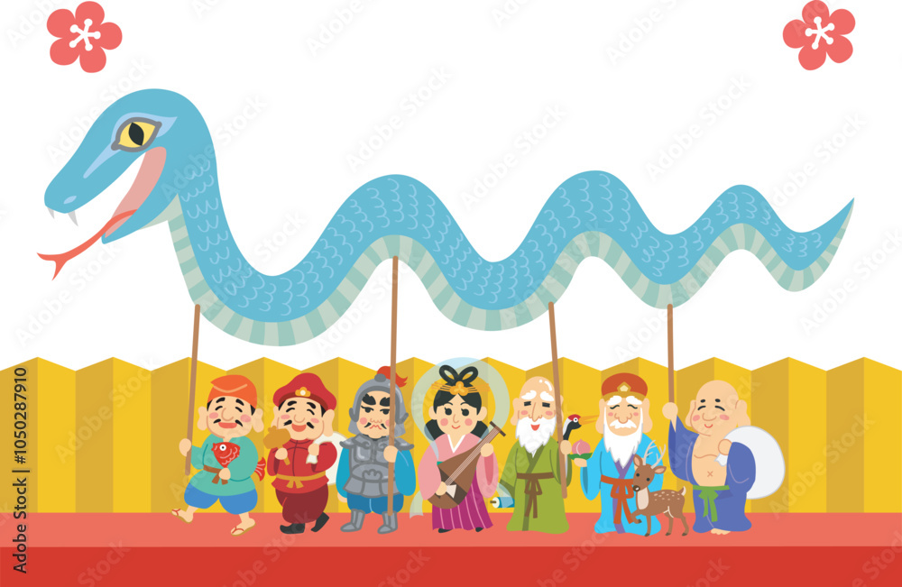 Obraz premium 年賀状素材イラスト 巳年 七福神 金屏風 梅