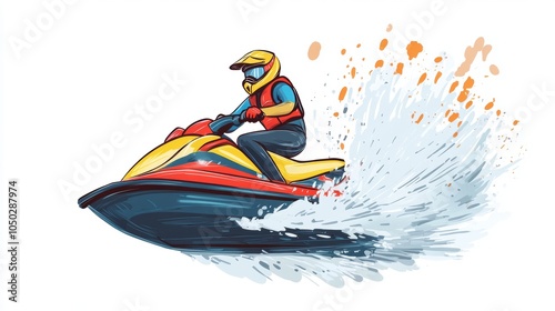 Artistic illustration of jetski in water. Flat vector. Summer tropical sports.