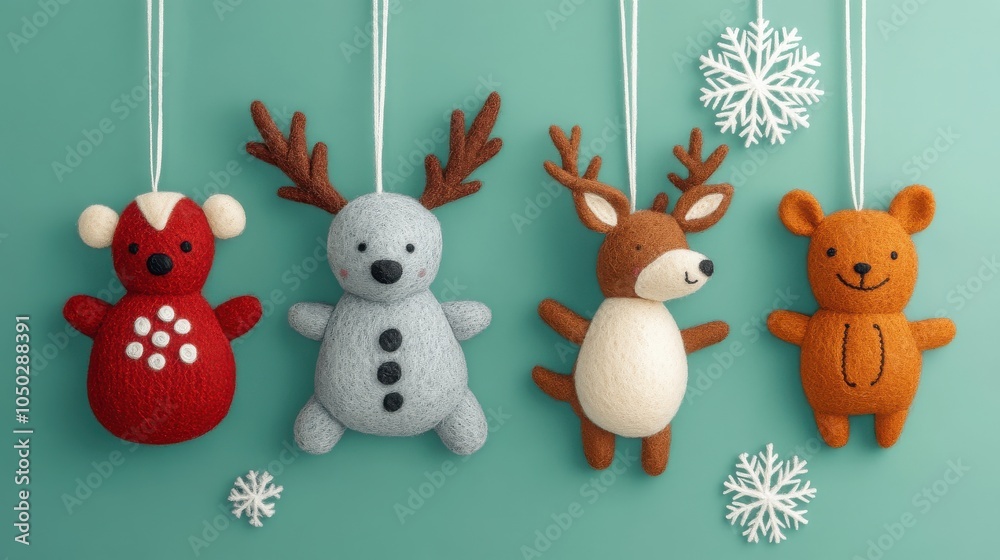 Obraz premium Cute felt animal Christmas ornaments with snowflakes on teal background