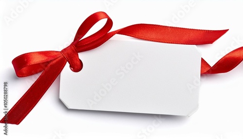 white empty paper name tags greeting cards or coupons with red shiny ribbons isolated on white background