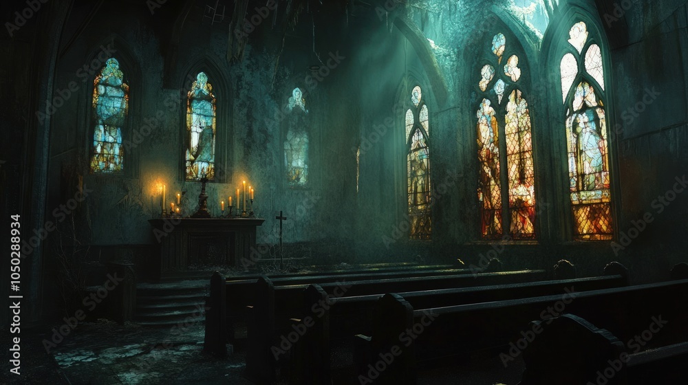 Fototapeta premium A Dimly Lit Church Interior With Stained Glass Windows