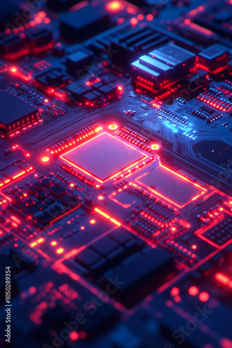 A close up of a computer motherboard with red and blue lights