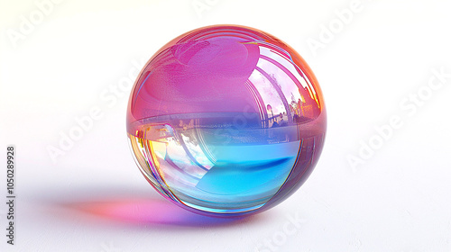 A vibrant glass sphere reflecting a spectrum of colors on a bright surface