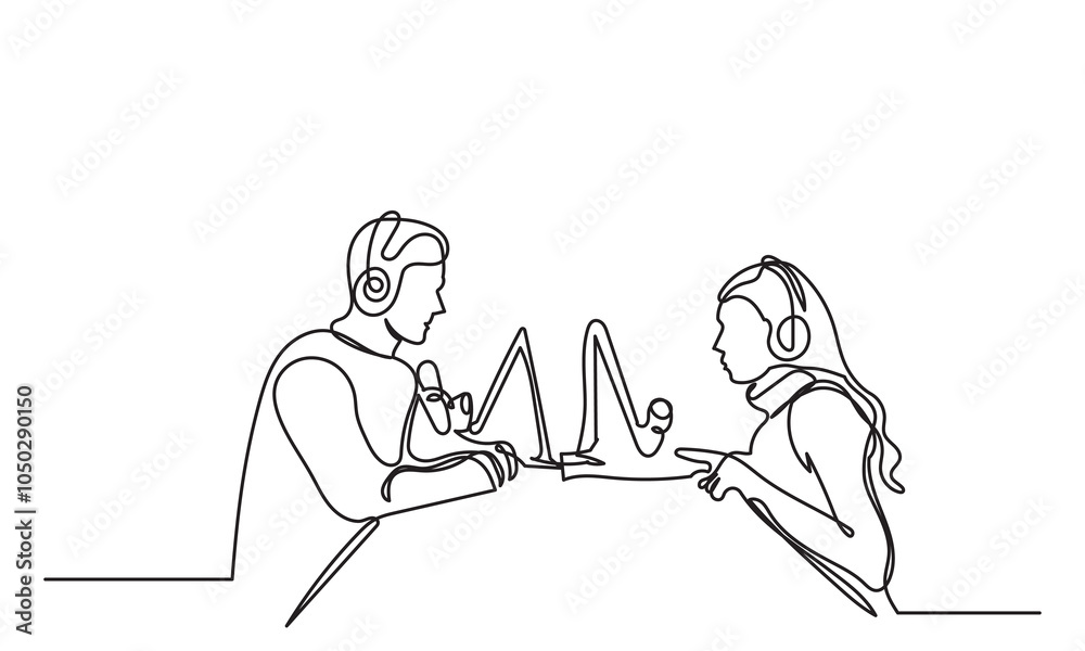 Continuous line drawing of interviewing man and woman on a podcast discussion, talking to guests in the studio. Concept of podcasting, radio station, interview. Podcast presenters with a microphone t Continuous line drawing of interviewing man and woman on a podcast discussion, talking to guests in the studio. Concept of podcasting, radio station, interview. Podcast presenters with a microphone t