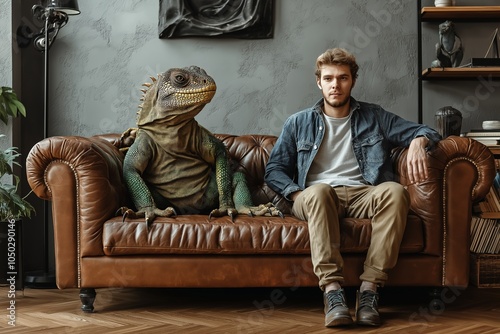 Young man sits calmly on a brown leather chesterfield sofa next to a large, placid iguana in a contemporary apartment setting, creating a surreal and intriguing scene photo