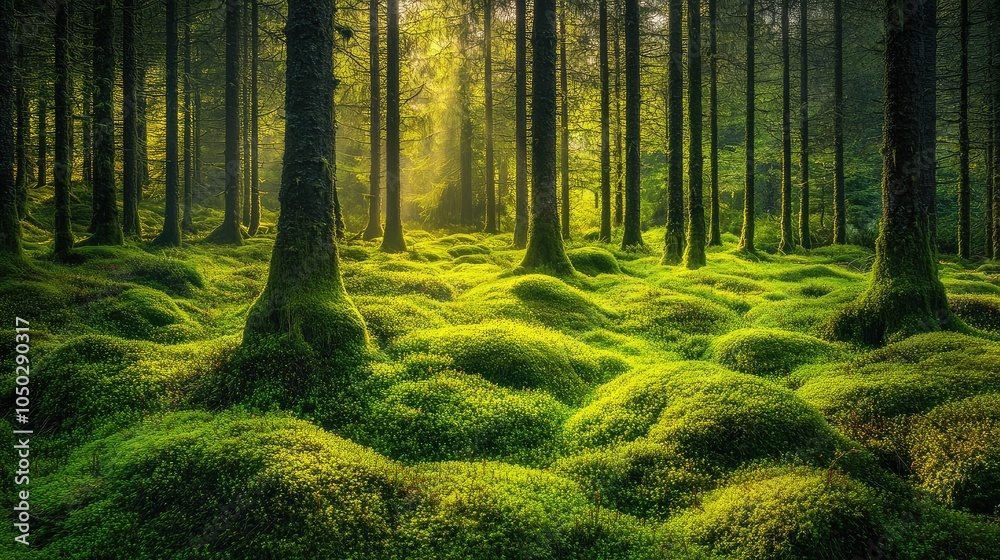 A mossy forest at twilight, with fading light illuminating the rich green hues and creating a magical atmosphere among the trees A mossy forest at twilight, with fading light illuminating the rich green hues and creating a magical atmosphere among the trees