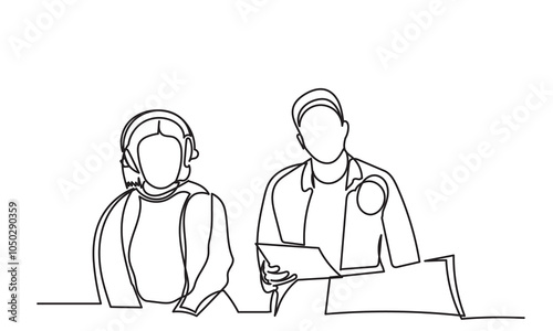 Continuous line drawing of interviewing man and woman on a podcast discussion, talking to guests in the studio.  Concept of podcasting, radio station, interview. Podcast presenters with a microphone t
