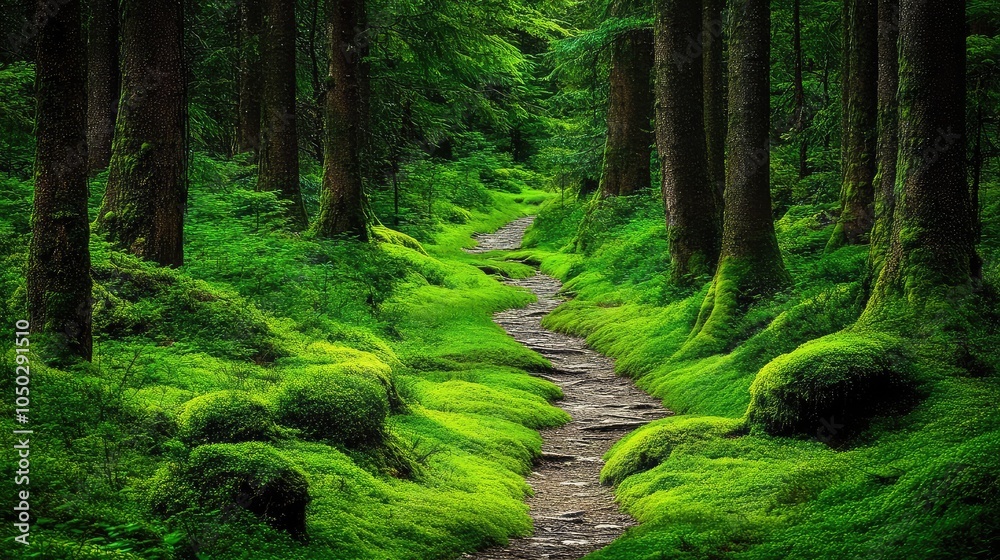Fototapeta premium A mossy forest path winding through tall trees, leading deeper into the lush wilderness and inviting adventure in nature's embrace