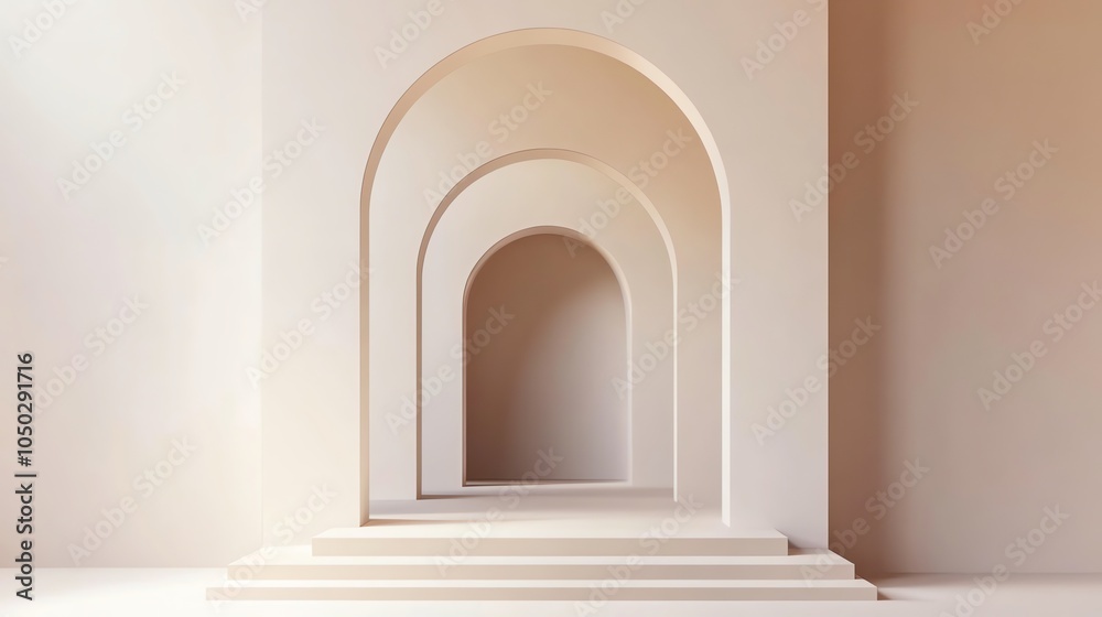 A white room with three arches creating a doorway to another pink room. A white room with three arches creating a doorway to another pink room.