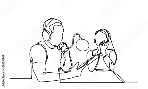 Continuous line drawing of interviewing man and woman on a podcast discussion, talking to guests in the studio.  Concept of podcasting, radio station, interview. Podcast presenters with a microphone t