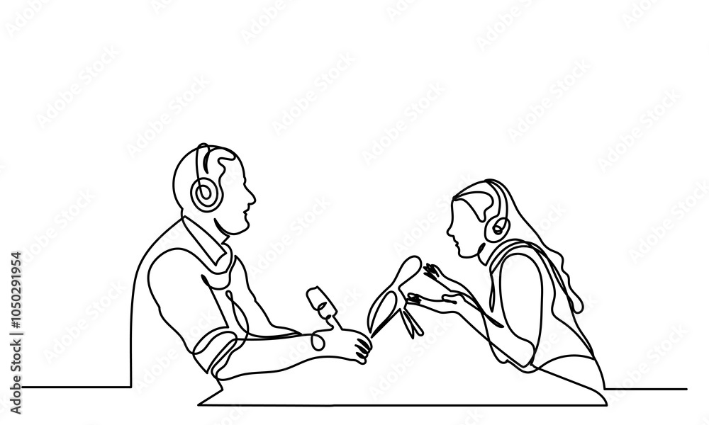 Continuous line drawing of interviewing man and woman on a podcast discussion, talking to guests in the studio. Concept of podcasting, radio station, interview. Podcast presenters with a microphone t Continuous line drawing of interviewing man and woman on a podcast discussion, talking to guests in the studio. Concept of podcasting, radio station, interview. Podcast presenters with a microphone t