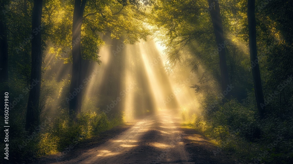 Obraz premium Sunbeams Through Forest Path
