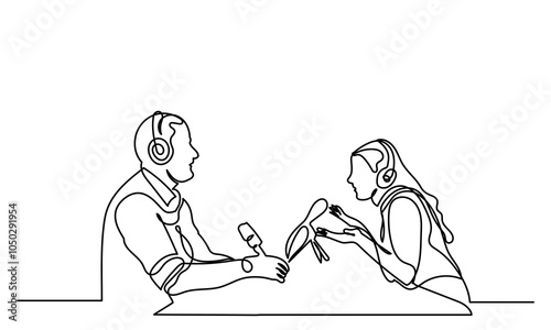 Continuous line drawing of interviewing man and woman on a podcast discussion, talking to guests in the studio.  Concept of podcasting, radio station, interview. Podcast presenters with a microphone t