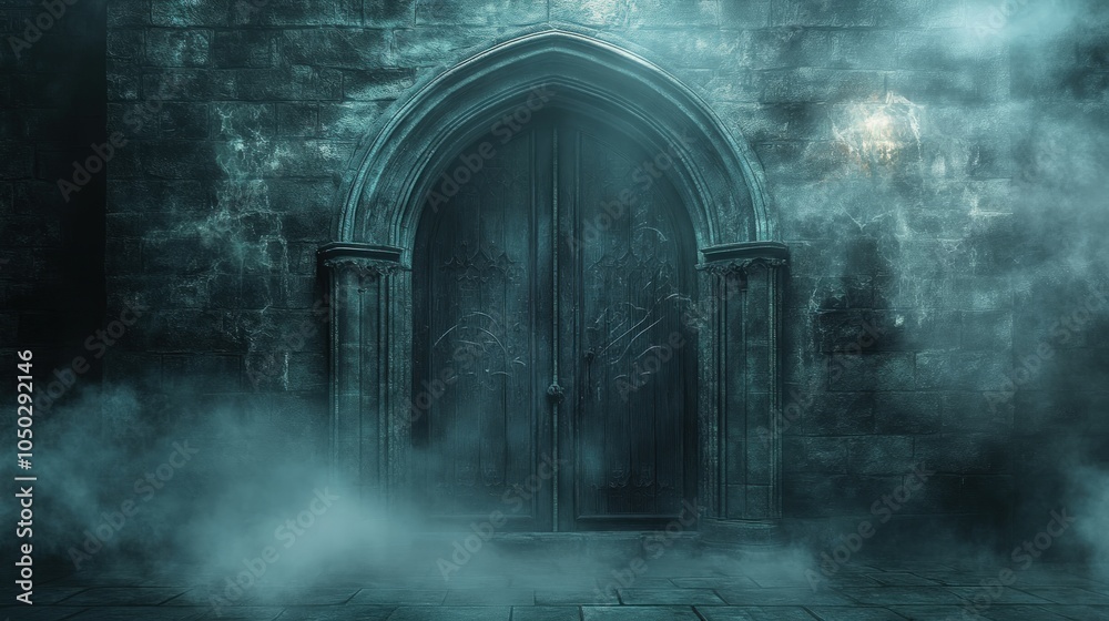 Mysterious Doorway in a Foggy Stone Building Mysterious Doorway in a Foggy Stone Building