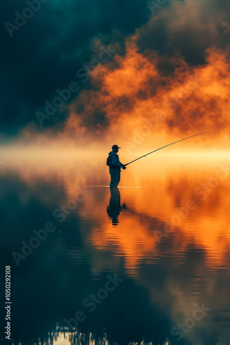 A man standing in the middle of a lake with a fishing rod