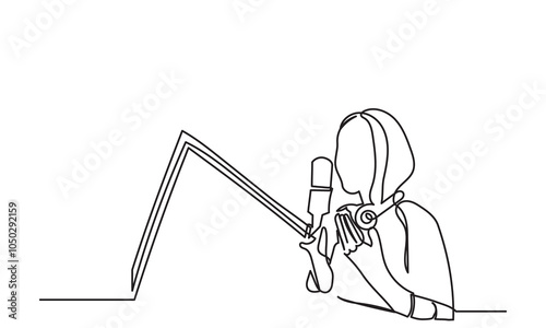 Continuous line drawing of interviewing woman on a podcast discussion, and talking to guests in the studio.  Concept of podcasting, radio station, interview. Podcast presenters with a microphone talk 