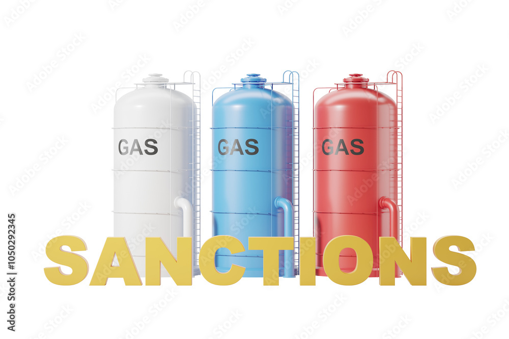 Three gas tanks in different colors (white, blue, red) standing next to each other, with SANCTIONS text. Isolated on white background. 3D Rendering Three gas tanks in different colors (white, blue, red) standing next to each other, with SANCTIONS text. Isolated on white background. 3D Rendering