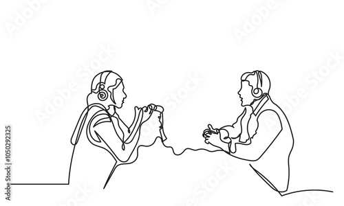 Continuous line drawing of interviewing man and woman on a podcast discussion, talking to guests in the studio.  Concept of podcasting, radio station, interview. Podcast presenters with a microphone t