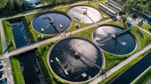 Aerial view of a water treatment plant with four circular tanks, surrounded by green grass and pathways.