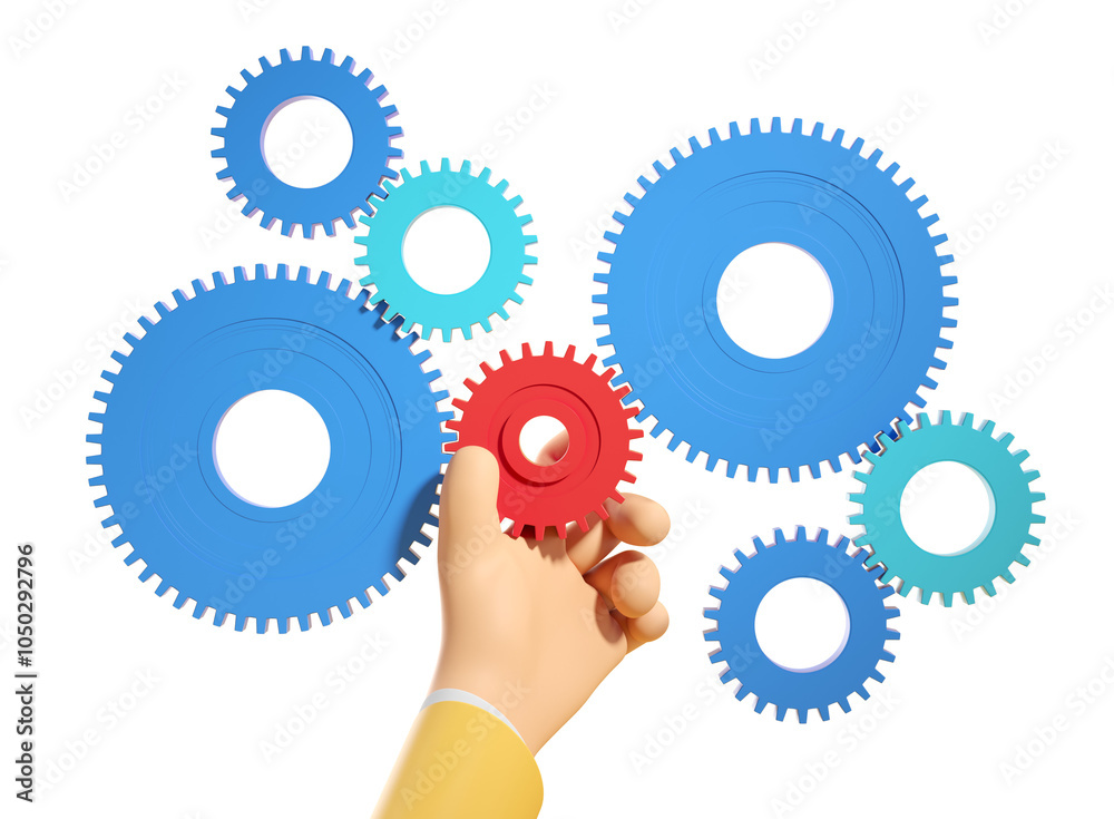 A hand holding a red gear, surrounded by blue and teal gears. Isolated on white background. Concept of teamwork and collaboration. 3D Rendering A hand holding a red gear, surrounded by blue and teal gears. Isolated on white background. Concept of teamwork and collaboration. 3D Rendering