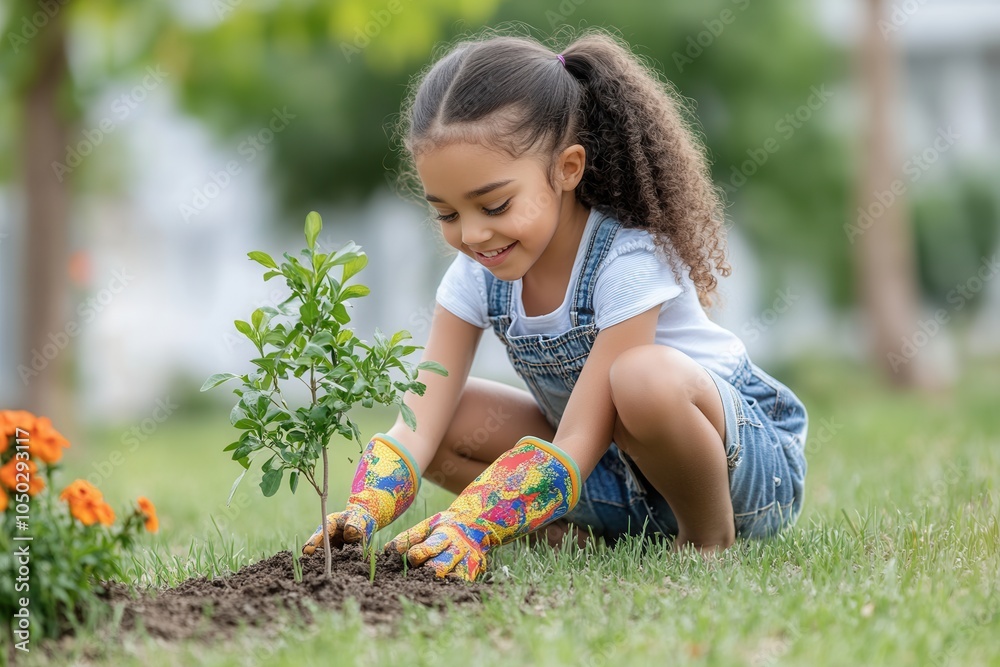 A joyful Black girl with pigtails kneels on the grass, planting a small tree sprout while wearing colorful gardening gloves and shorts. Surrounding her are blooming flowers under warm sunlight, creati A joyful Black girl with pigtails kneels on the grass, planting a small tree sprout while wearing colorful gardening gloves and shorts. Surrounding her are blooming flowers under warm sunlight, creati