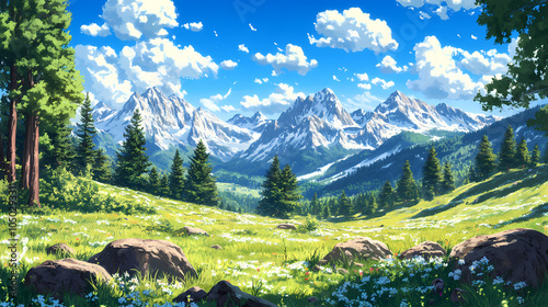 Peaceful Landscape with Lake and Pines: Manga Art Vibes