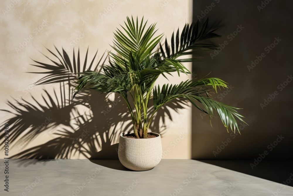 Fototapeta premium Textured white paper mockup with plant shadows on soft gray table in natural light setting