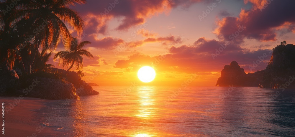 Sunset over a tropical beach with palm trees, rocks, and a calm ocean. Sunset over a tropical beach with palm trees, rocks, and a calm ocean.