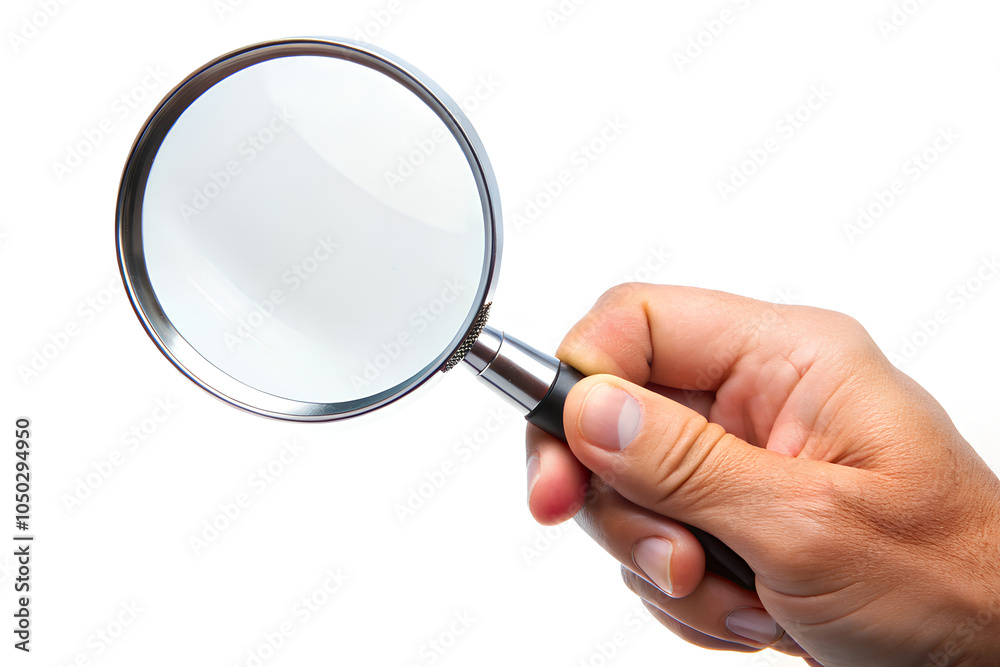 Hand holding magnifying glass on isolated white background Hand holding magnifying glass on isolated white background